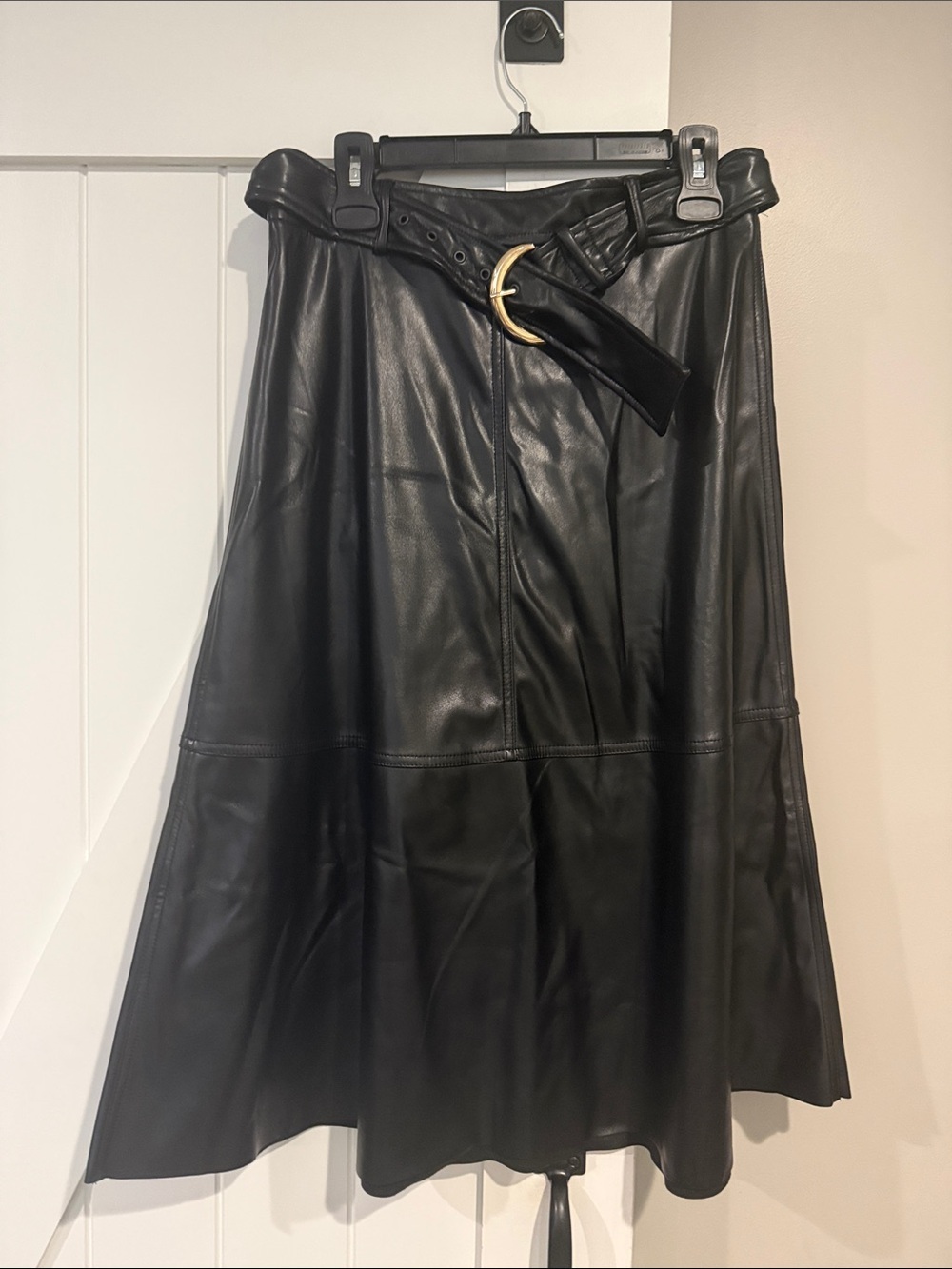 Black Faux Leather A-Line Midi Skirt with Belt